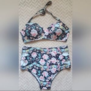 Black High Waisted Floral Bikini Set